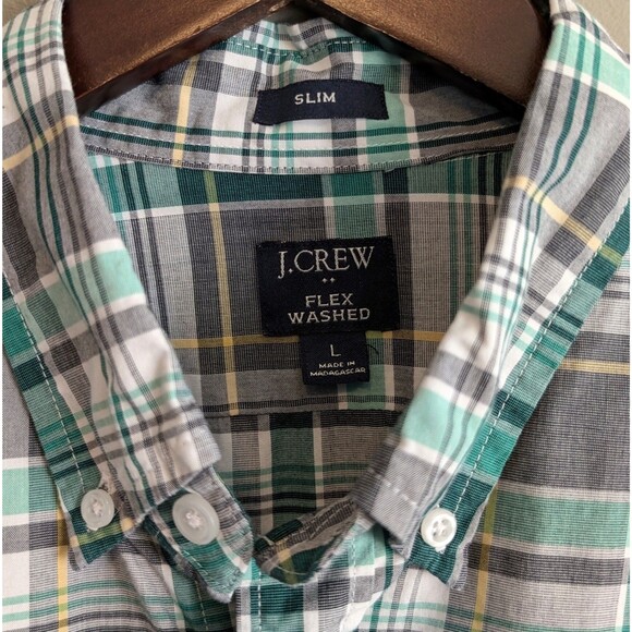 J.Crew Size Large Plaid Shirt Mens Button Down Top Green Slim Fit White Stretch - Picture 2 of 4